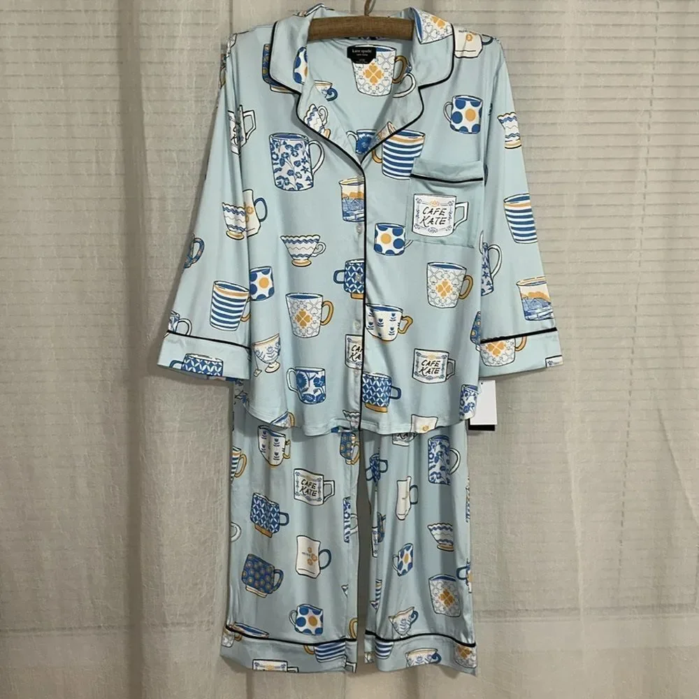 kate spade XL Light Blue Tea Coffee Print Notch Collar 3/4 Sleeve Pants PJ Set